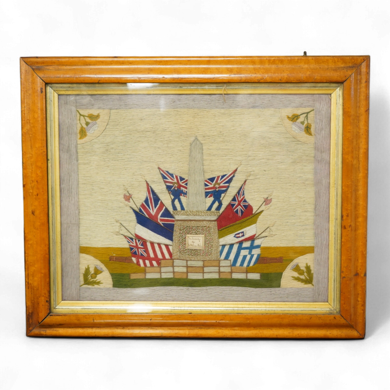 A framed 19th century naive sailor’s wool work panel commemorating Sir William Peel (1824-1858), One of the earliest recipients of the Victoria Cross, 37cm x 28cm